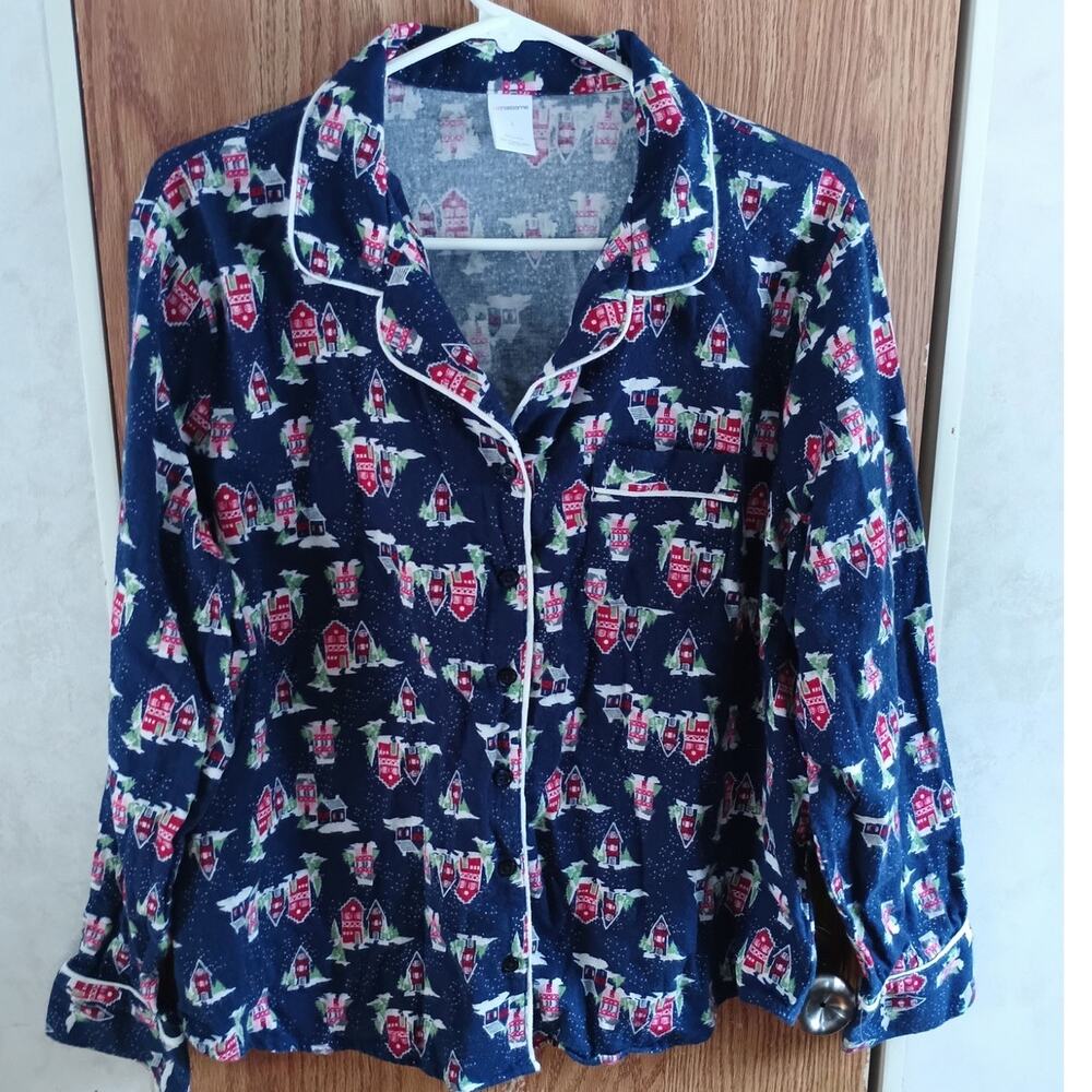 Liz Claiborne Christmas XMas Pajama Top Large Holiday Village Cotton Sleep Shirt